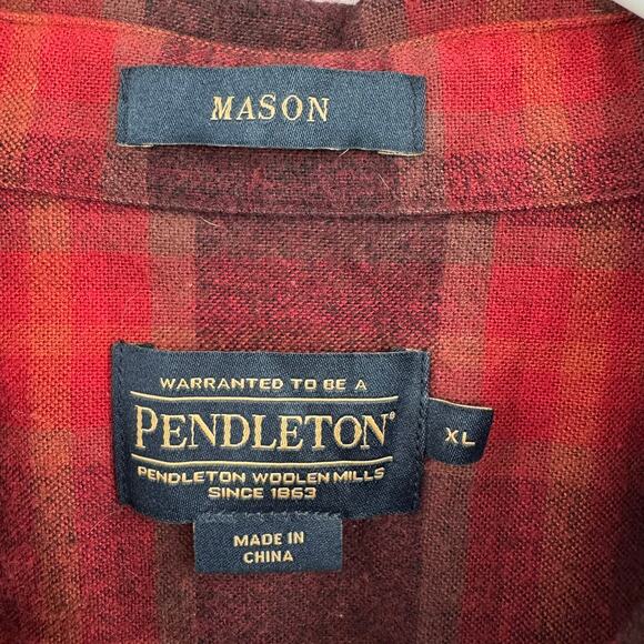 Pendleton Mason Plaid Flannel Button Down Shirt Mens XL Red Brown - Picture 8 of 12